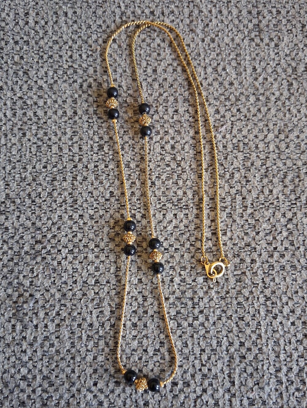 Vintage Gold and Black Bead Station Necklace - Elegant Women's Jewelry